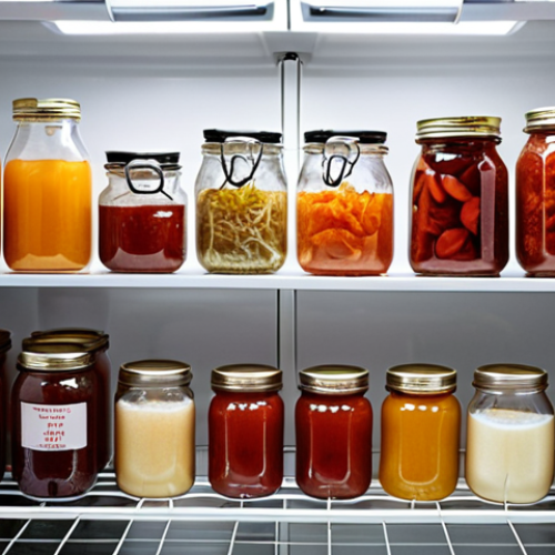 Home 4 **Prompt 1:** A brightly lit, meticulously organized refrigerator interior. Shelves are neatly filled with various clear glass jars and bottles containing vibrant, homemade fermented foods such as red kimchi, golden kombucha, and creamy kefir. A prominent digital thermometer displays a temperature between 2-5°C, emphasizing the ideal cool conditions for preservation. The overall scene conveys a sense of essential sanctuary and controlled environment for fermented treasures.