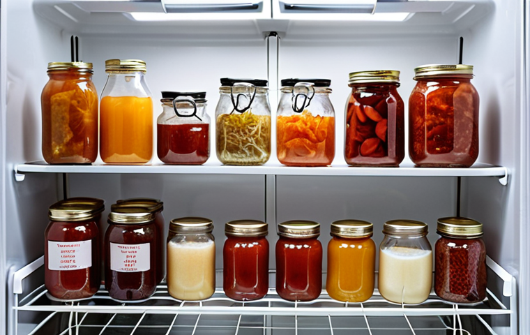 **Prompt 1:** A brightly lit, meticulously organized refrigerator interior. Shelves are neatly filled with various clear glass jars and bottles containing vibrant, homemade fermented foods such as red kimchi, golden kombucha, and creamy kefir. A prominent digital thermometer displays a temperature between 2-5°C, emphasizing the ideal cool conditions for preservation. The overall scene conveys a sense of essential sanctuary and controlled environment for fermented treasures.