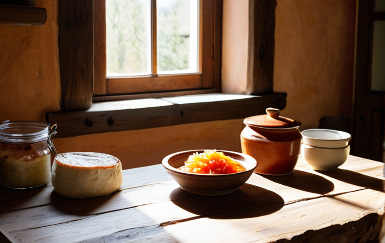 발효식품의 제조 과정과 기술 혁신 - **Prompt:** A rustic and inviting kitchen scene, reminiscent of a traditional Spanish countryside ho...