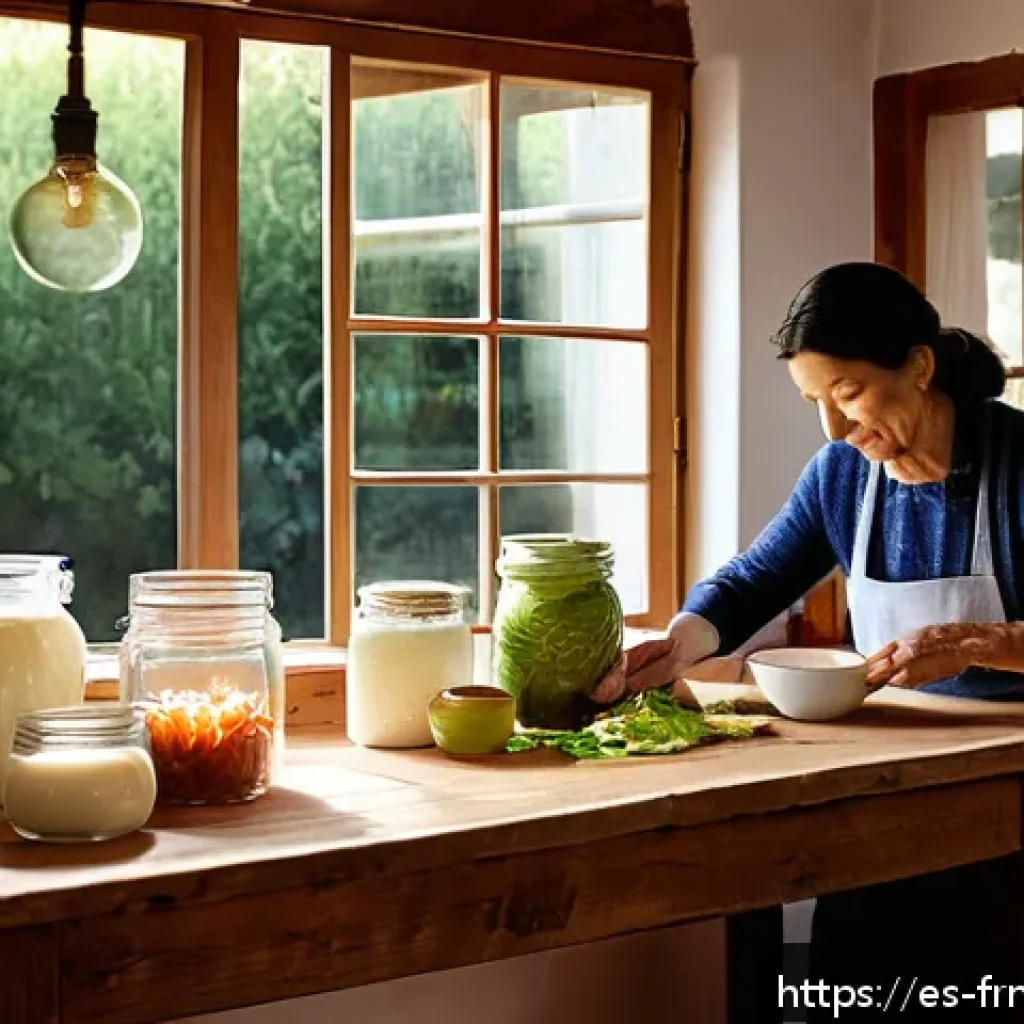 발효식품의 역사와 문화적 의미 - A cozy Spanish kitchen scene with a middle-aged woman in casual clothing preparing homemade kimchi a...
