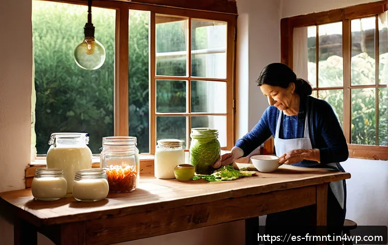 발효식품의 역사와 문화적 의미 - A cozy Spanish kitchen scene with a middle-aged woman in casual clothing preparing homemade kimchi a...