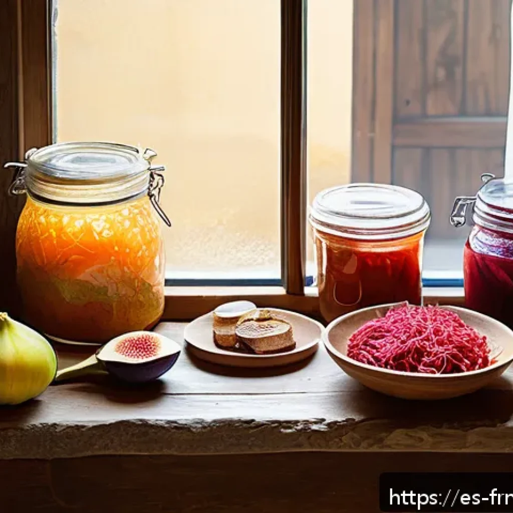 발효식품을 활용한 미니멀리즘 식단 - A cozy kitchen scene featuring a rustic wooden table filled with an assortment of artisanal fermente...