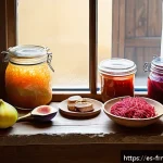 Home 21 발효식품을 활용한 미니멀리즘 식단 - A cozy kitchen scene featuring a rustic wooden table filled with an assortment of artisanal fermente...