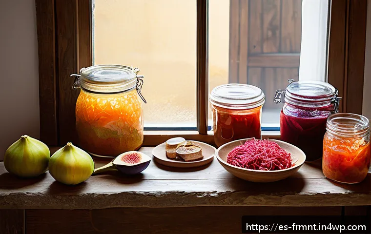 발효식품을 활용한 미니멀리즘 식단 - A cozy kitchen scene featuring a rustic wooden table filled with an assortment of artisanal fermente...