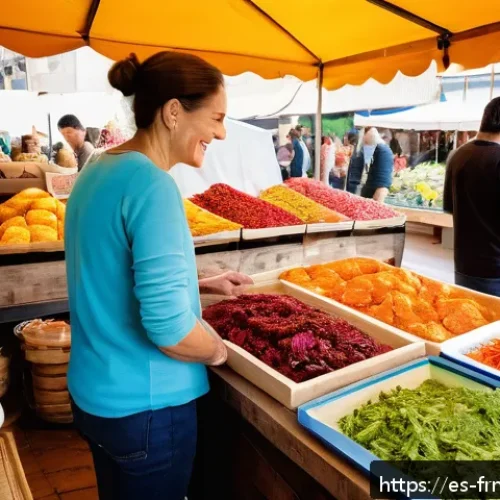 Home 32 발효식품 만들기 상업적 가능성 - A vibrant artisanal market scene in Spain featuring a colorful stall with traditional fermented food...