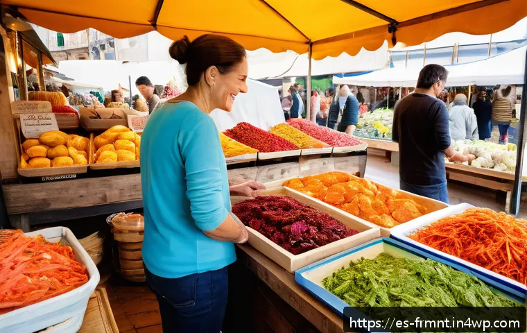 발효식품 만들기 상업적 가능성 - A vibrant artisanal market scene in Spain featuring a colorful stall with traditional fermented food...