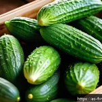 Home 19 매콤한 발효 오이 피클 만드는 법 - A close-up, highly detailed image of fresh small pickling cucumbers with thin skin and vibrant green...