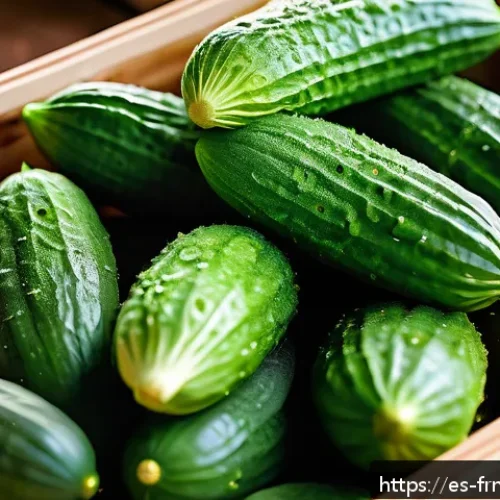 Home 31 매콤한 발효 오이 피클 만드는 법 - A close-up, highly detailed image of fresh small pickling cucumbers with thin skin and vibrant green...