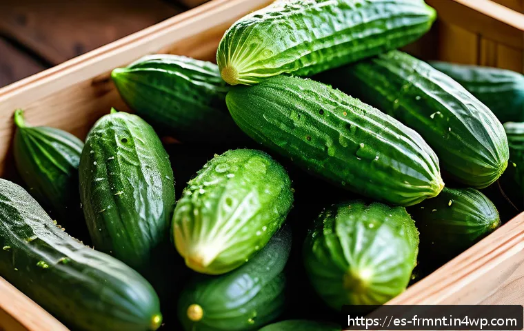 매콤한 발효 오이 피클 만드는 법 - A close-up, highly detailed image of fresh small pickling cucumbers with thin skin and vibrant green...