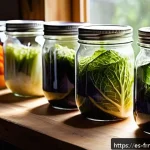 Home 18 발효식품 만들어보기 경험담 공유 - A cozy, sunlit kitchen scene featuring a rustic wooden table with glass jars of homemade fermented v...