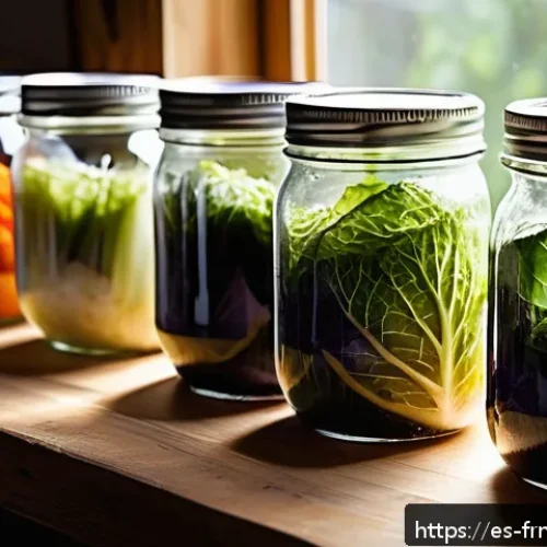 Home 30 발효식품 만들어보기 경험담 공유 - A cozy, sunlit kitchen scene featuring a rustic wooden table with glass jars of homemade fermented v...