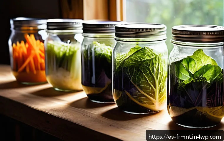 발효식품 만들어보기 경험담 공유 - A cozy, sunlit kitchen scene featuring a rustic wooden table with glass jars of homemade fermented v...