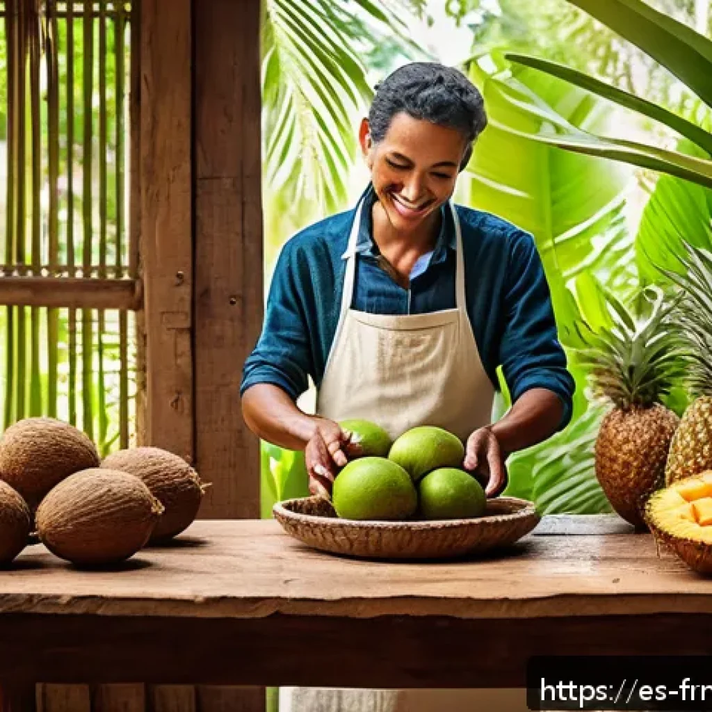 색다른 발효식품 만들기  코코넛 발효 - A vibrant, sunlit tropical kitchen scene featuring a person preparing fresh coconut for fermentation...