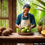 Home 23 색다른 발효식품 만들기 코코넛 발효 - A vibrant, sunlit tropical kitchen scene featuring a person preparing fresh coconut for fermentation...