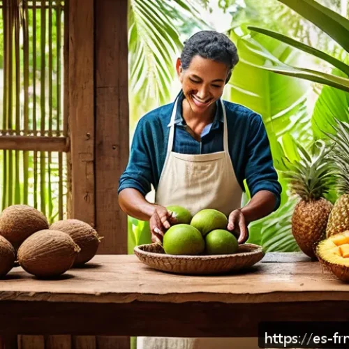 Home 17 색다른 발효식품 만들기 코코넛 발효 - A vibrant, sunlit tropical kitchen scene featuring a person preparing fresh coconut for fermentation...
