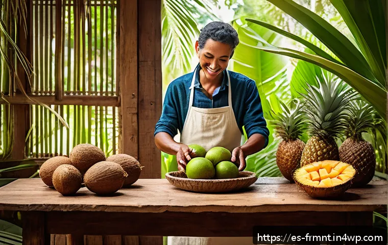 색다른 발효식품 만들기 코코넛 발효 - A vibrant, sunlit tropical kitchen scene featuring a person preparing fresh coconut for fermentation...
